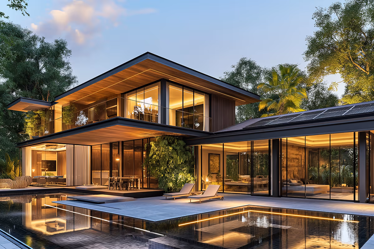 Современный двухэтажный дом с большими стеклянными окнами и подсветкой у бассейна на фоне деревьев.