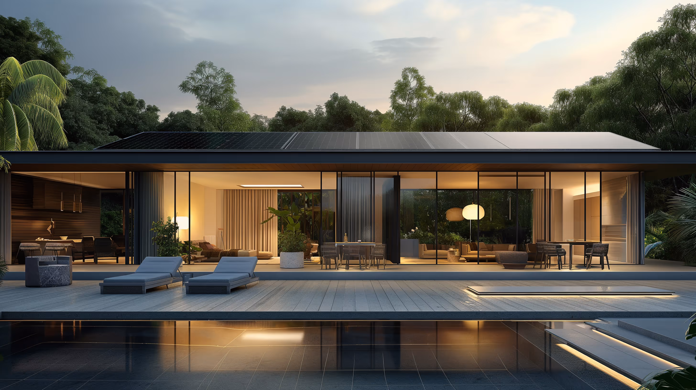 Современный дом с большими стеклянными окнами, настольными лампами и двумя лежаками у бассейна на фоне деревьев.
