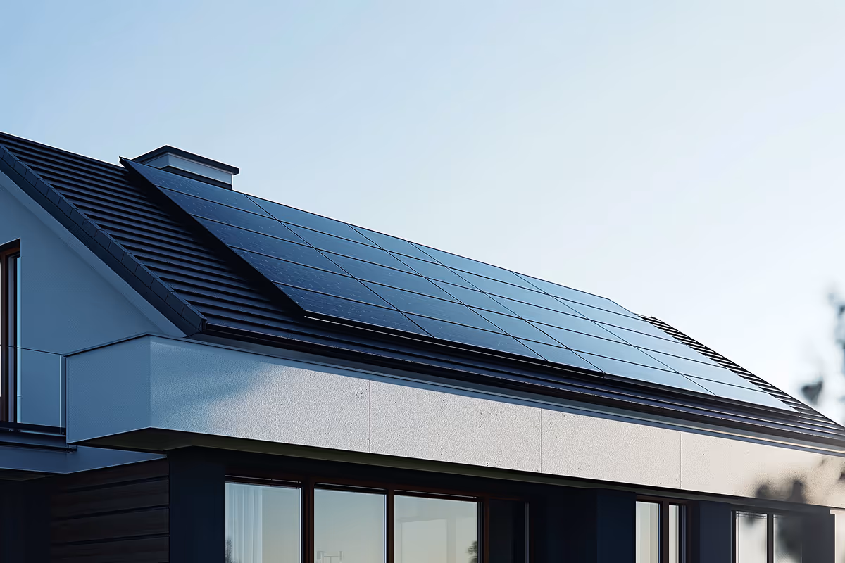 Современный дом с наклонной крышей, покрытой солнечными панелями, на фоне ясного неба.