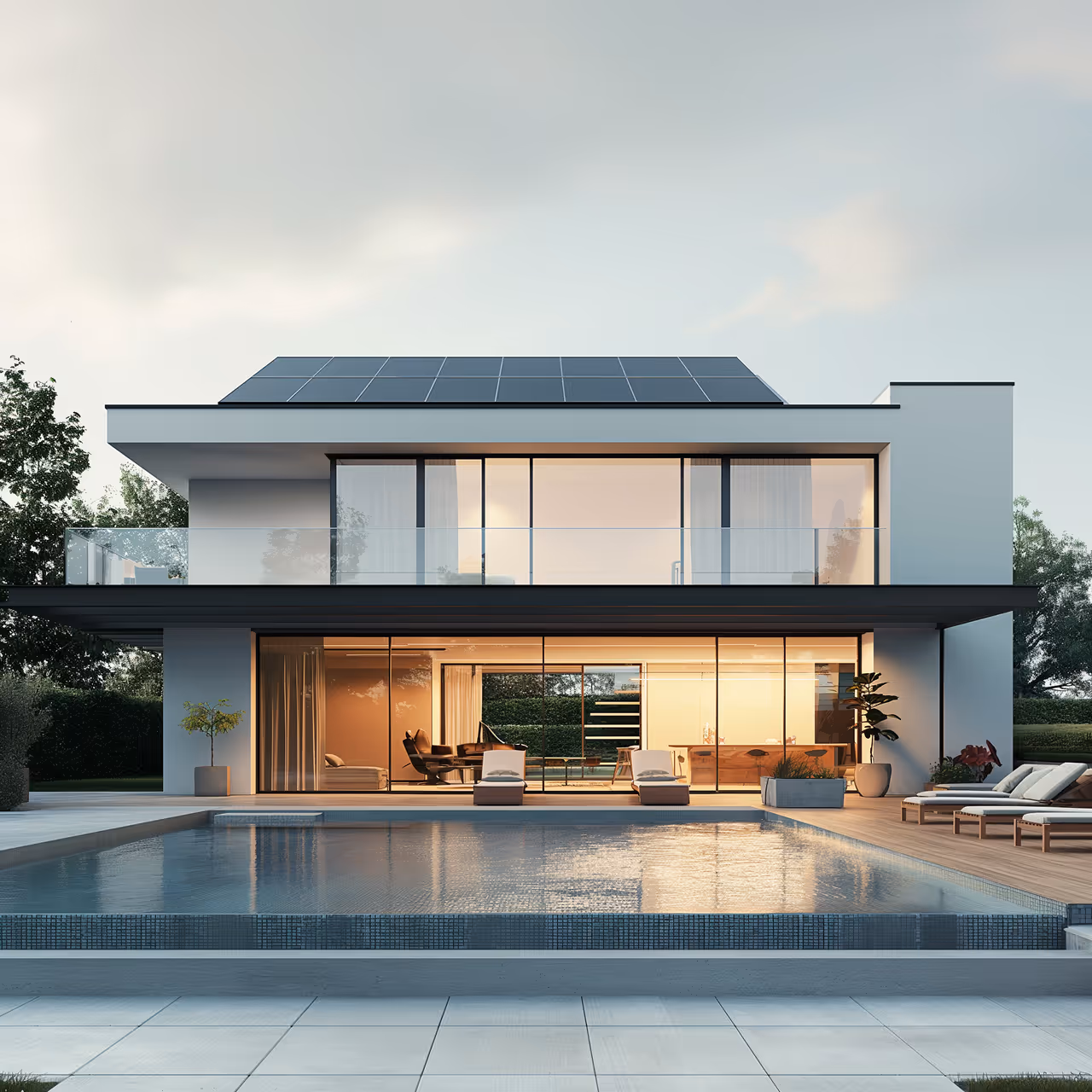 Современный двухэтажный дом с большими стеклянными окнами и солнечными батареями на крыше, перед домом открыт плавательный бассейн и деревянная терраса с лежаками.