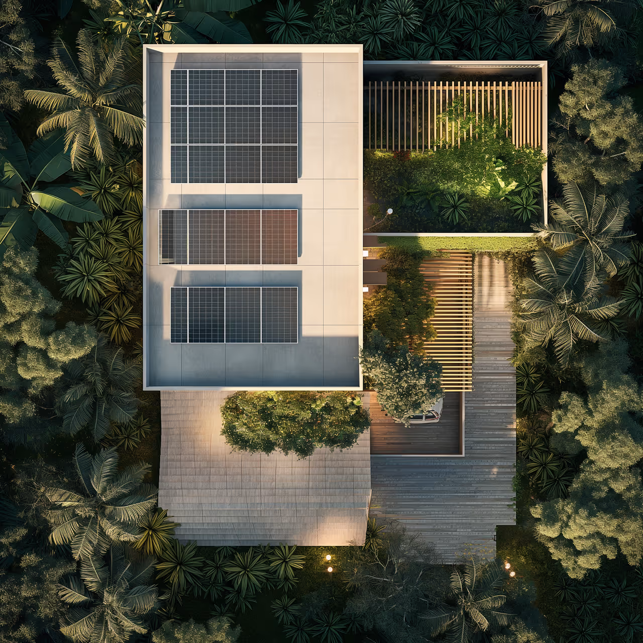 Вид сверху на современный дом с солнечными панелями на крыше и окружённый густой зеленью.