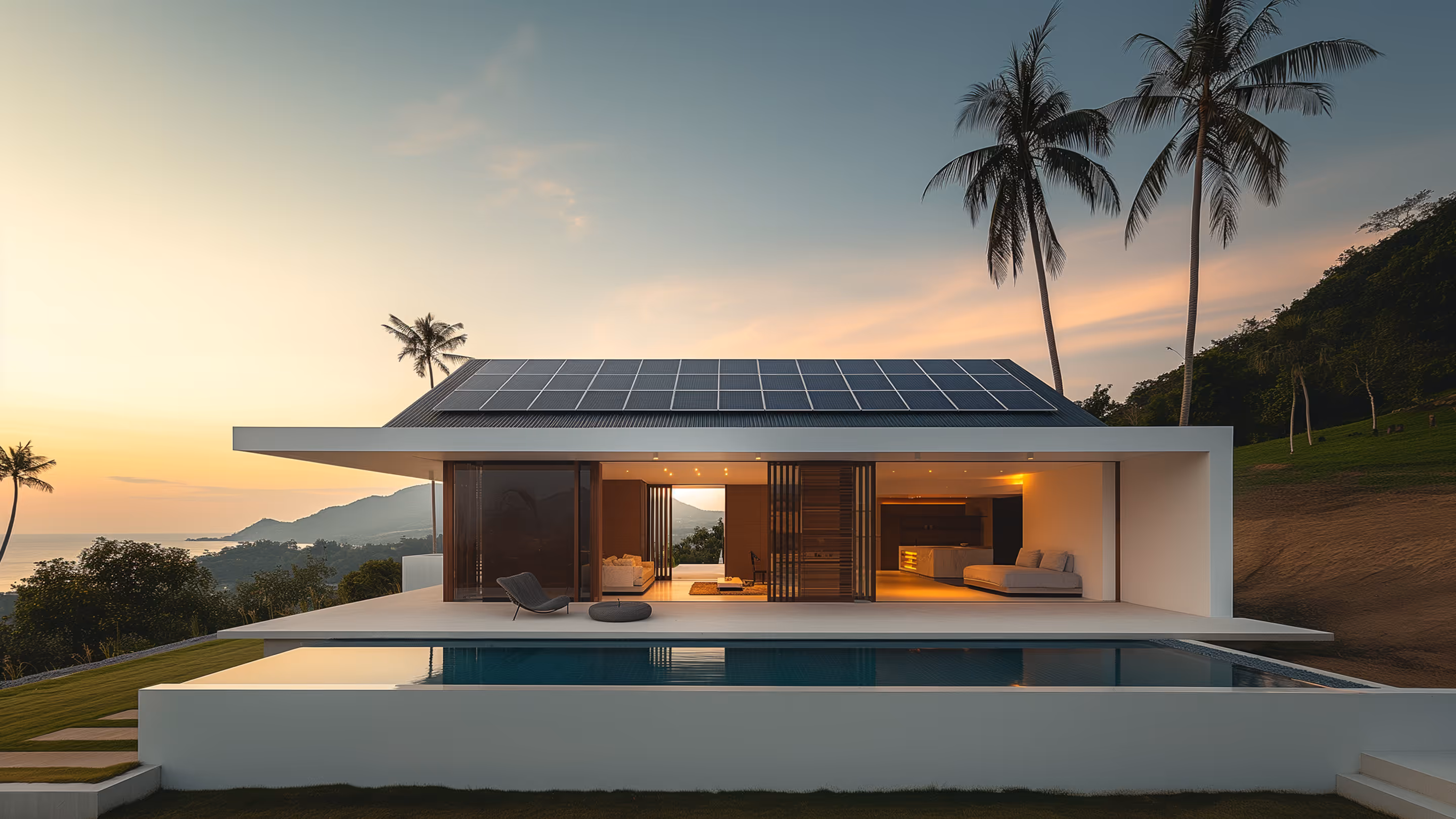 Современный дом с солнечными панелями на крыше, большим открытым бассейном и пальмами на закате.