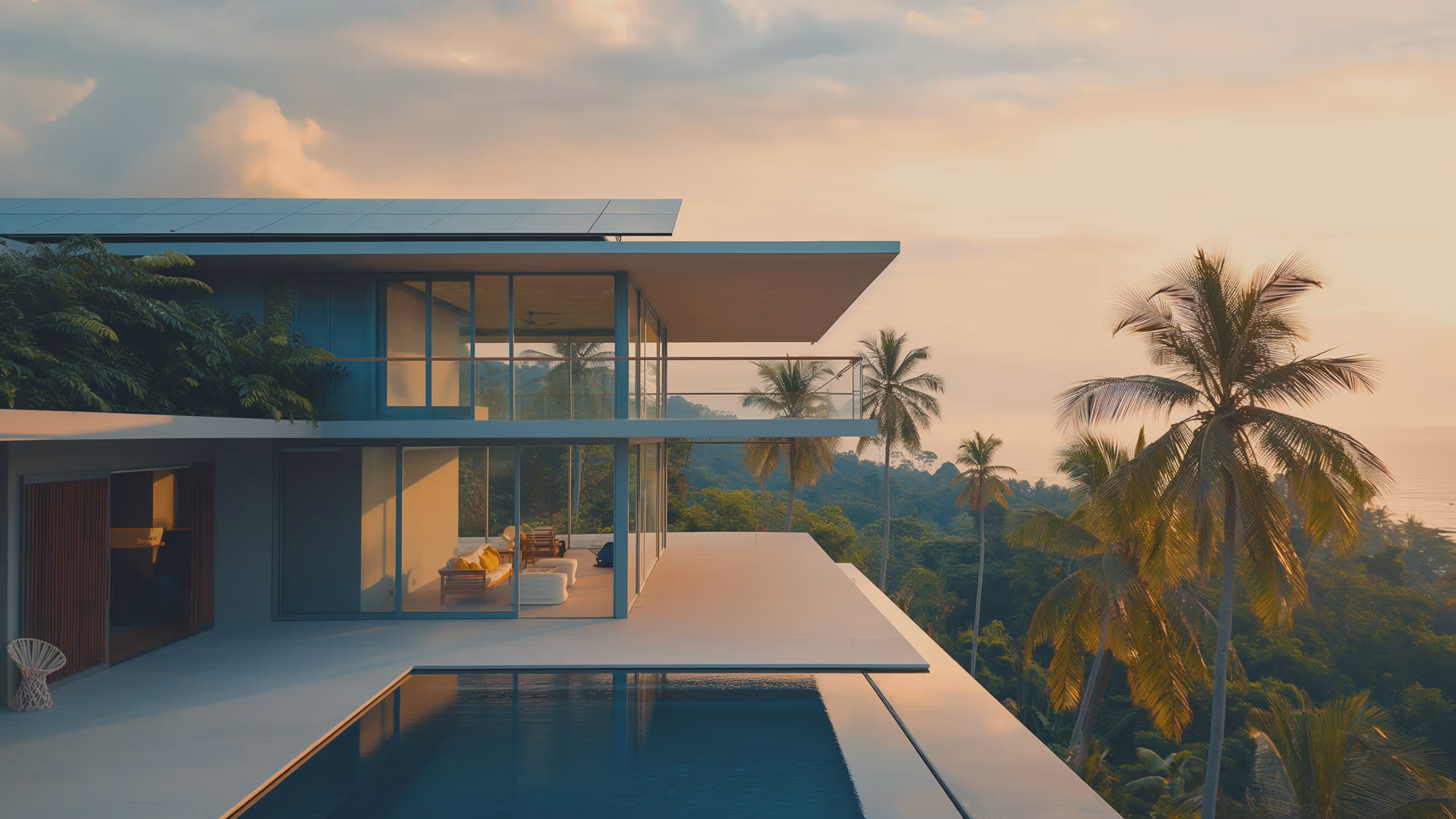 Современный деревянный дом с панелями солнечных батарей на крыше, окружённый тропическими растениями.