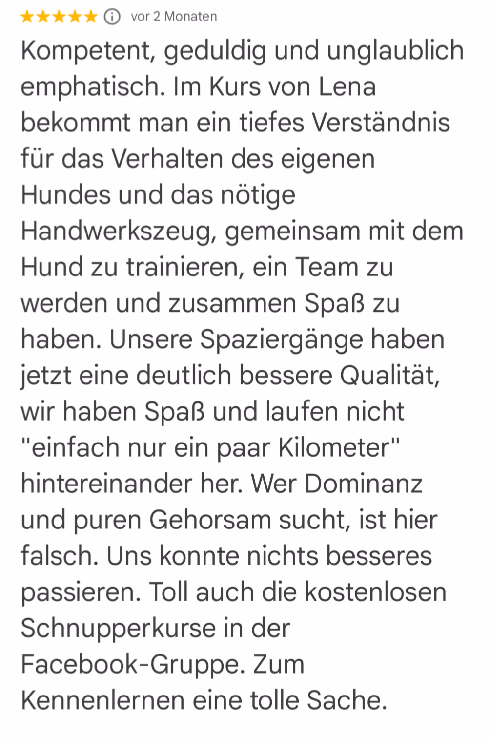Rezension über den Hundekurs von Lena Standke mit Fokus auf Teamarbeit statt Gehorsam und spürbar besseren Spaziergängen durch Verständnis und praktische Übungen