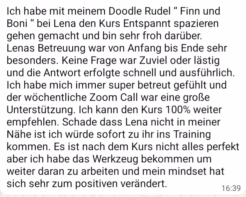 Persönliches Feedback zum Kurs Entspannt spazieren gehen von Lena Standke mit Doodle-Hunden Finn und Boni und besonderem Lob für Betreuung und Zoom-Begleitung