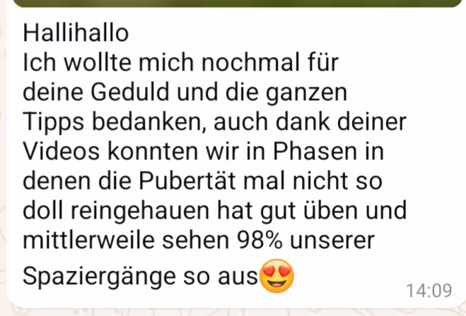 Nachricht mit Dank für die hilfreichen Videos von Lena Standke durch die 98 Prozent der Spaziergänge trotz Pubertätsphasen stressfrei verlaufen