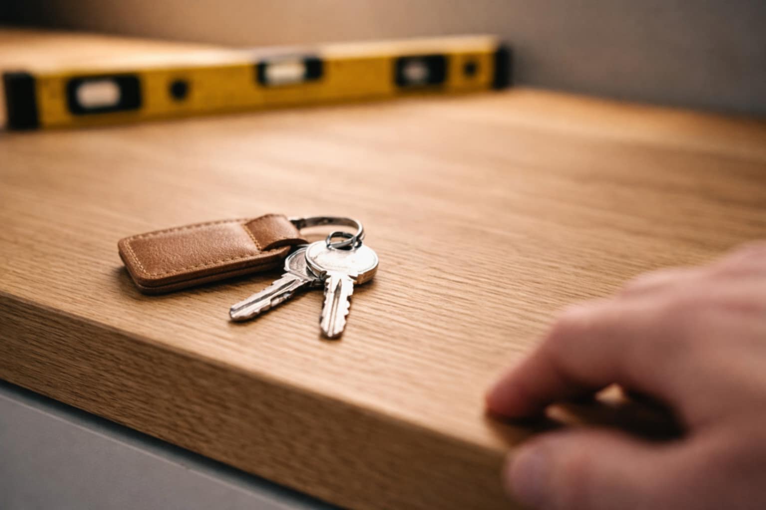 Ключ и ключодържател върху дъбов плот; нивелир на заден план – детайл за доверие и точност