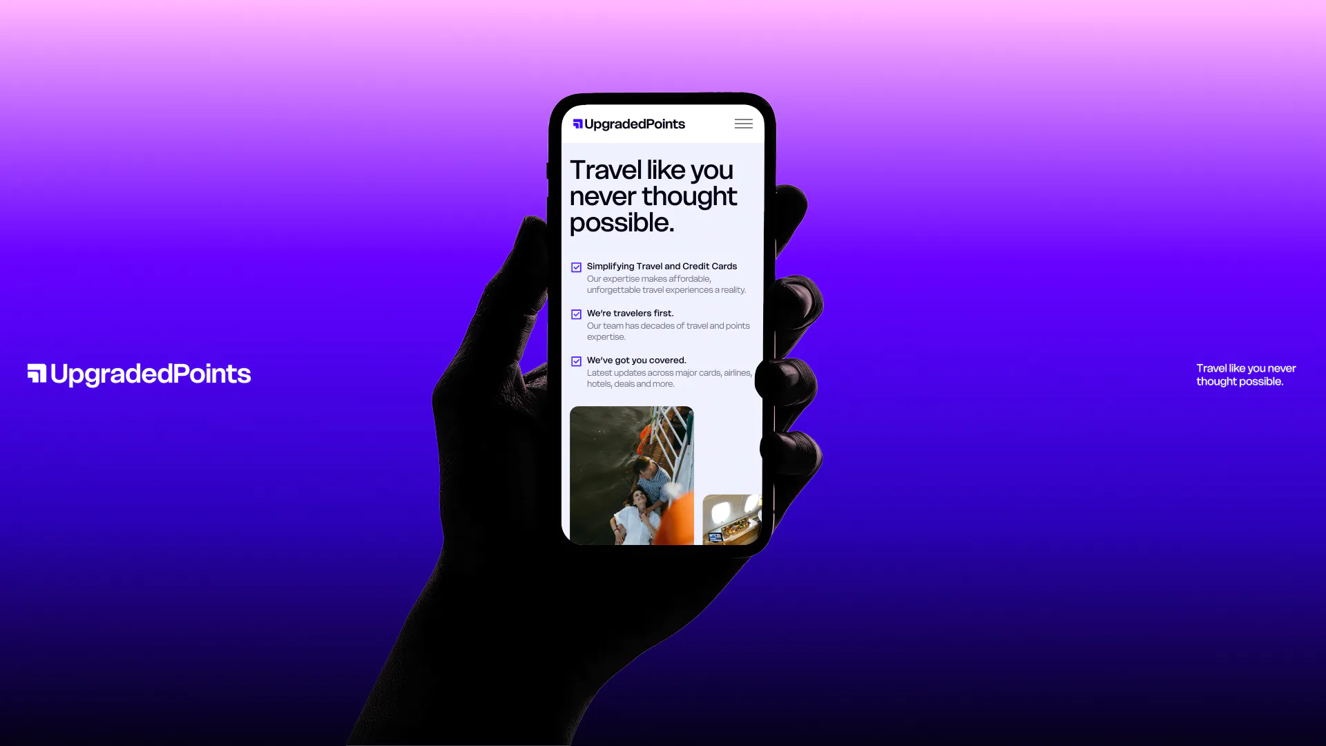 Hand holding a smartphone displaying UpgradedPoints website with travel tips against a purple gradient background.