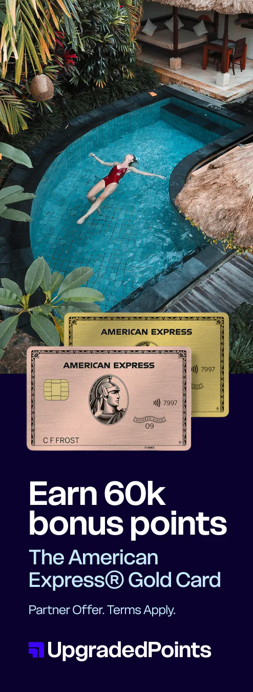 Woman in red swimsuit floating in a private pool surrounded by tropical plants with two overlapping American Express cards above promotional text for earning 60k bonus points on the American Express Gold Card.