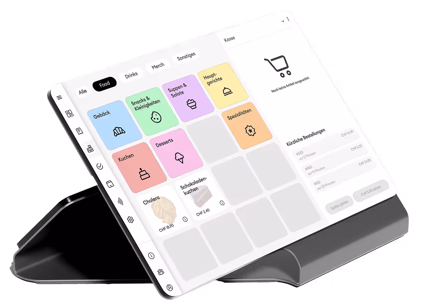 Touchscreen-Kassensystem mit farblich codierten Kategorien wie Gebäck, Snacks, Suppen & Salate, Hauptgerichte und Spezials, mit einer Übersicht aktueller Bestellungen.