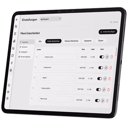 Tablet zeigt ein Menüverwaltungssystem mit Kategorien wie Kalte Getränke, Heisse Getränke, Desserts und Essen zur Bearbeitung von Artikeln mit Preis- und Aktivierungsoptionen.