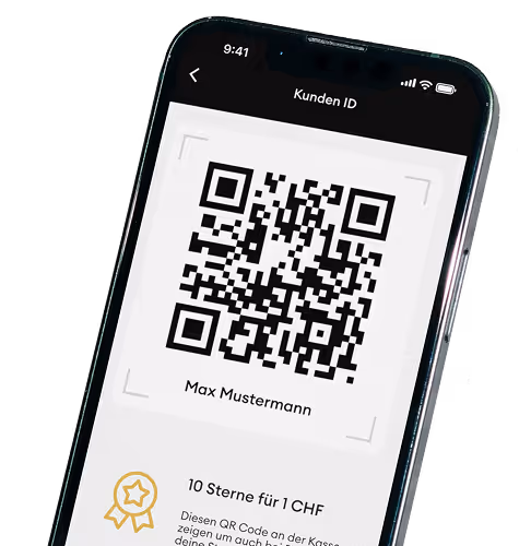 Smartphone zeigt einen Kunden-ID QR-Code mit dem Namen Max Mustermann und die Meldung '10 Sterne für 1 CHF'.
