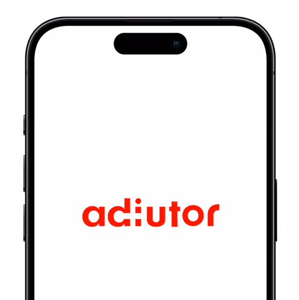 Smartphone-Display zeigt das rote adiutor-Logo auf weißem Hintergrund.