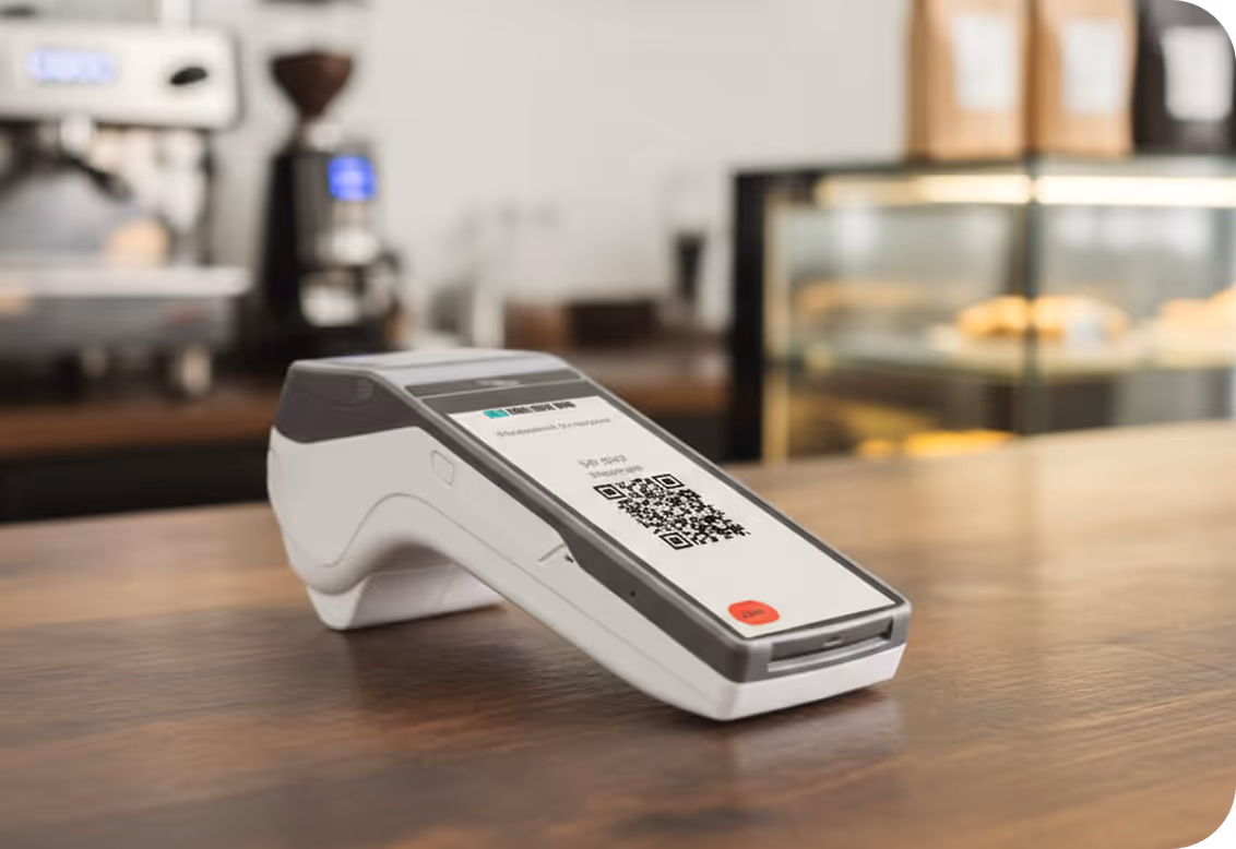 Modernes Kartenterminal auf Holztisch in einem Café mit einem QR-Code auf dem Bildschirm.