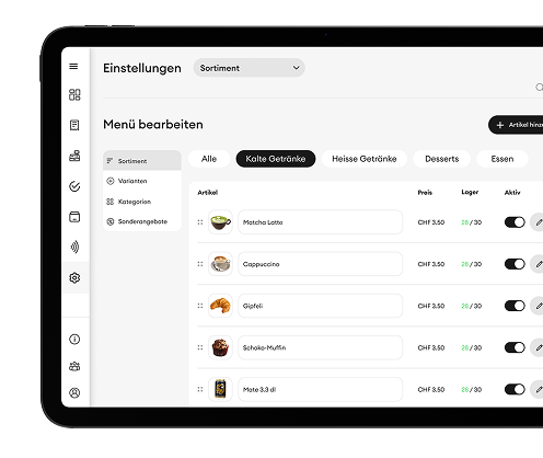 Touchscreen-Kassensystem mit farblich codierten Kategorien wie Gebäck, Snacks, Suppen & Salate, Hauptgerichte und Spezials, mit einer Übersicht aktueller Bestellungen.