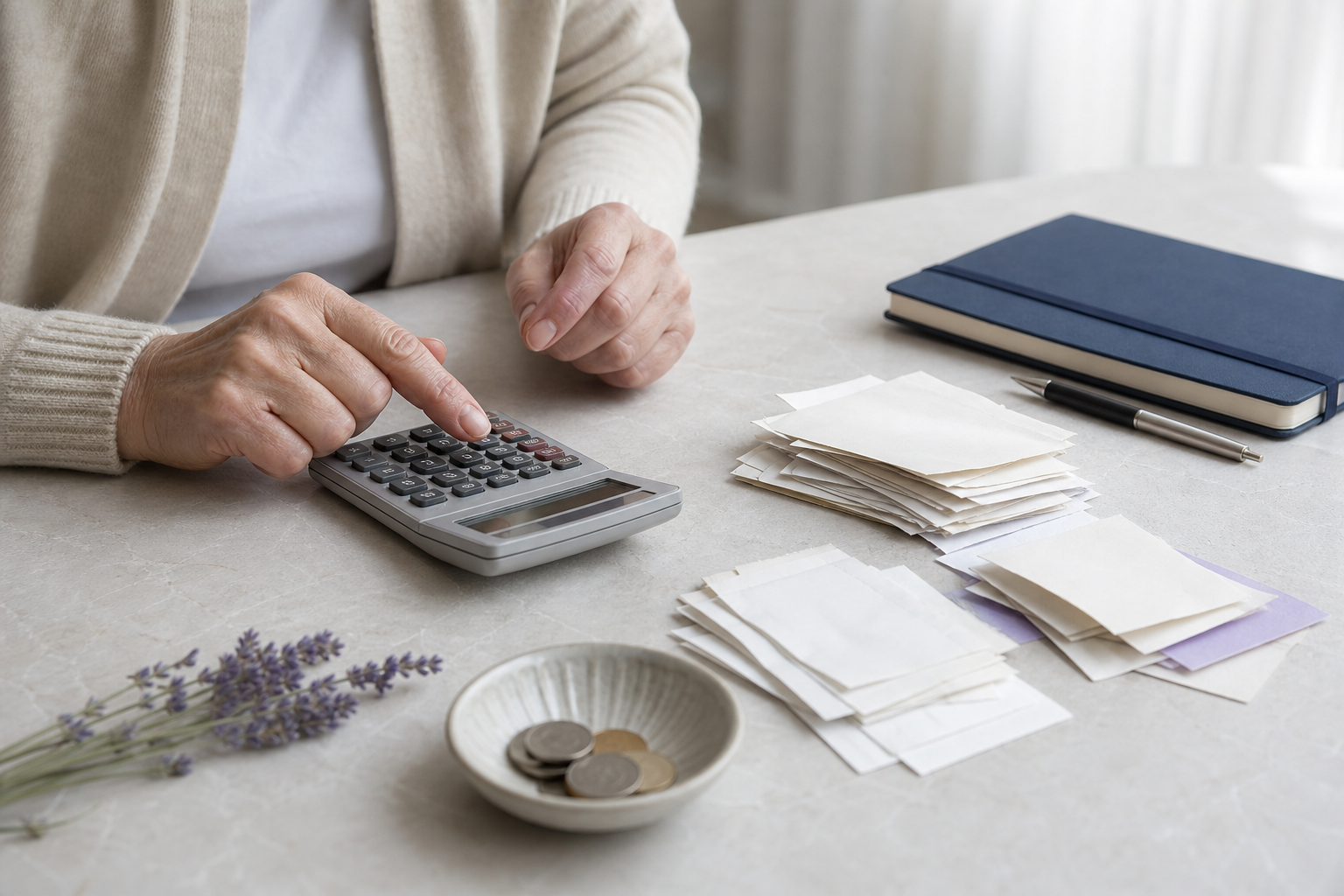 A person reviewing receipts and using a calculator for estate cost planning