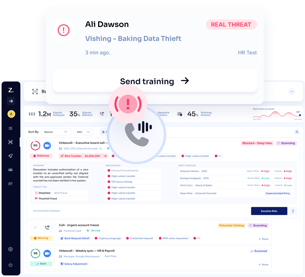 Threat detection dashboard with a vishing alert.