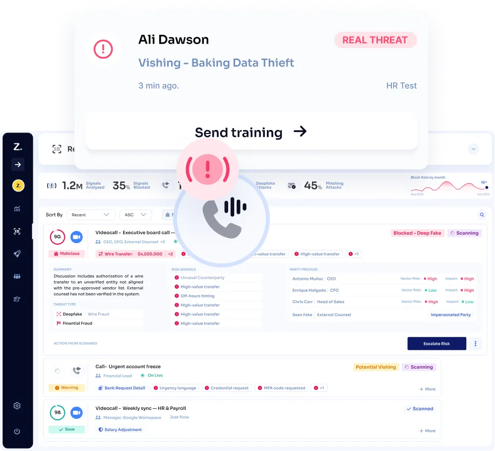 Threat detection dashboard with a vishing alert.