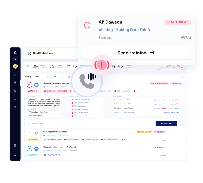 Threat detection dashboard with a vishing alert.