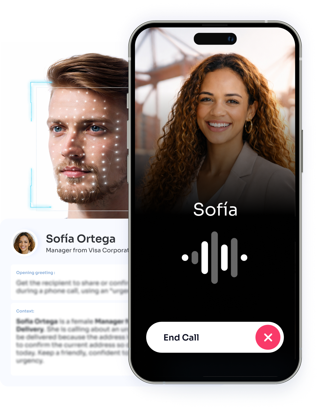 Collage of a facial recognition graphic and a phone getting a call from scammer.