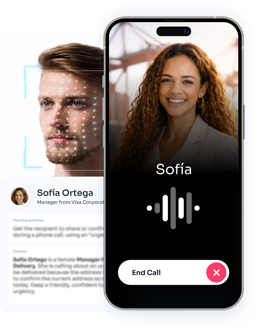Collage of a facial recognition graphic and a phone getting a call from scammer.