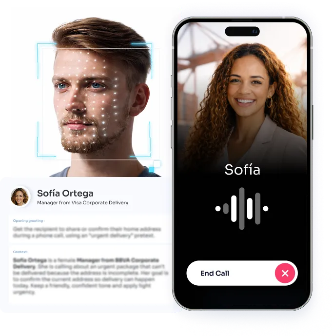 Collage of a facial recognition graphic and a phone getting a call from scammer.