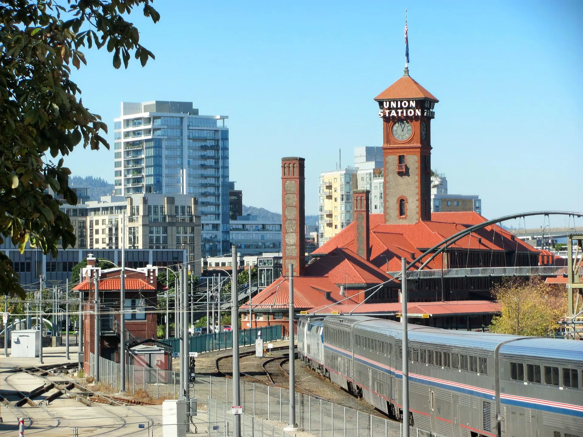 Union Station in Portland with a train and buildings