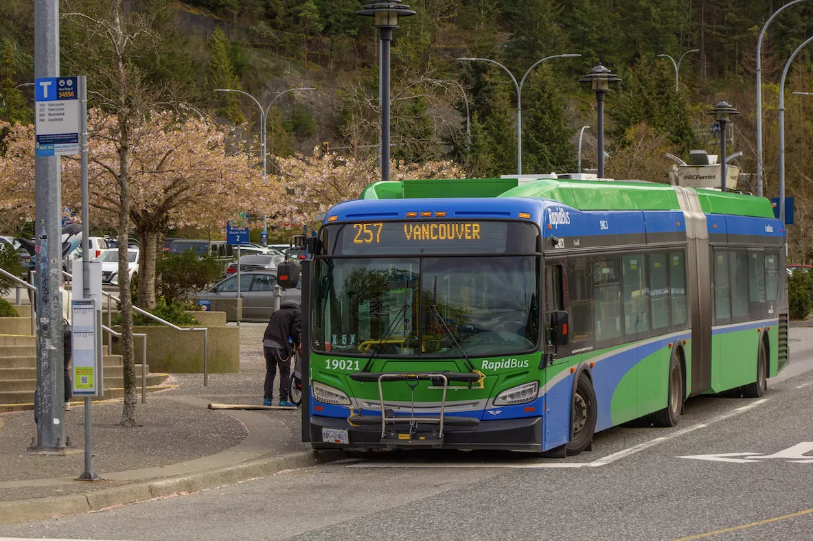 A green and blue bus driving down a street