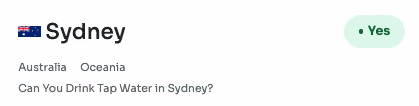 Sydney destination guide summary showing that the tap water is safe to drink.