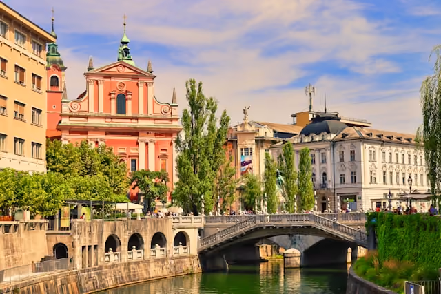 Ljubljana city centre and riverfront in Slovenia