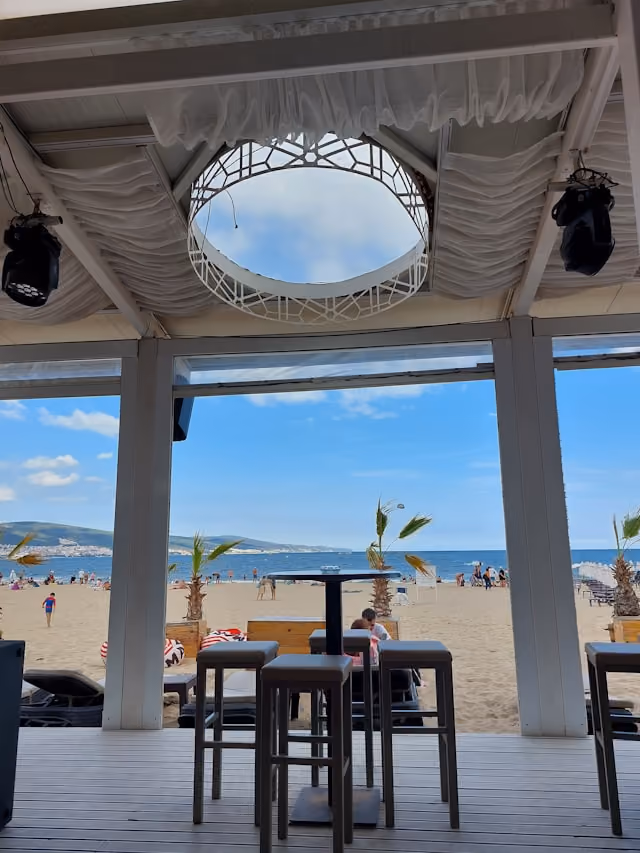 Sandy beach and Black Sea resort scenery at Sunny Beach, Bulgaria