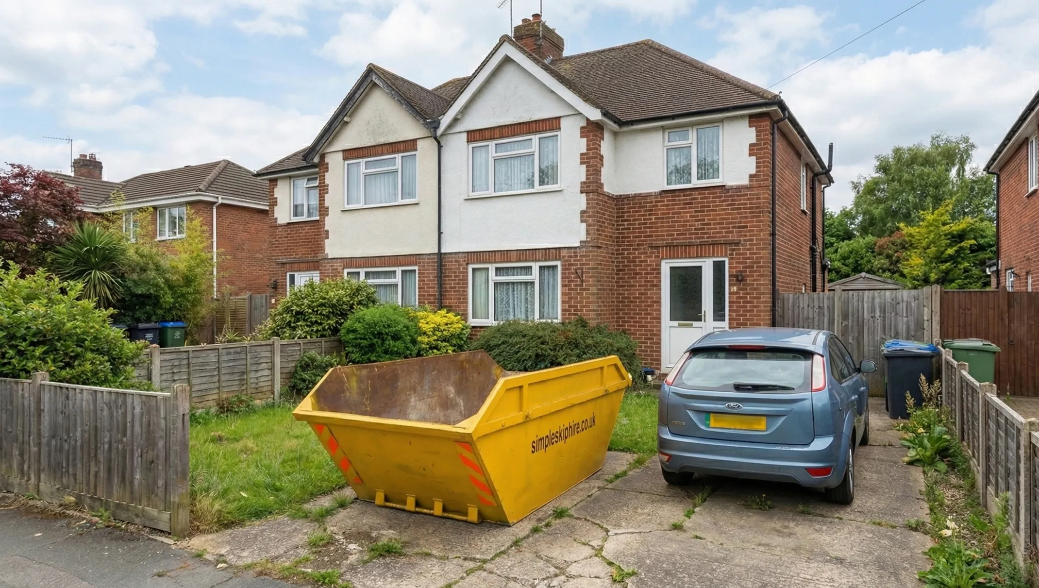 Yellow skip container and blue car parked on the driveway of a semi-detached brick house with white upper walls.