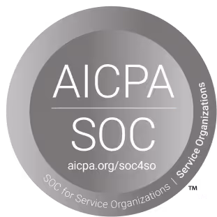 Circular gray AICPA SOC badge with text 'aicpa.org/soc4so' and 'SOC for Service Organizations | Service Organizations' around the edge.