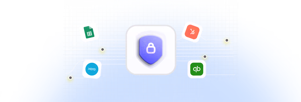 Central white square with a purple shield and lock icon surrounded by logos of Google Sheets, Xero, QuickBooks, and two other app icons on a blue grid background.