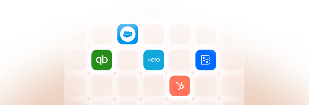Logos of Salesforce, QuickBooks, Xero, BlueVine, and HubSpot displayed on a grid background.