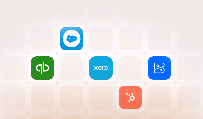 Logos of Salesforce, QuickBooks, Xero, BlueVine, and HubSpot displayed on a grid background.