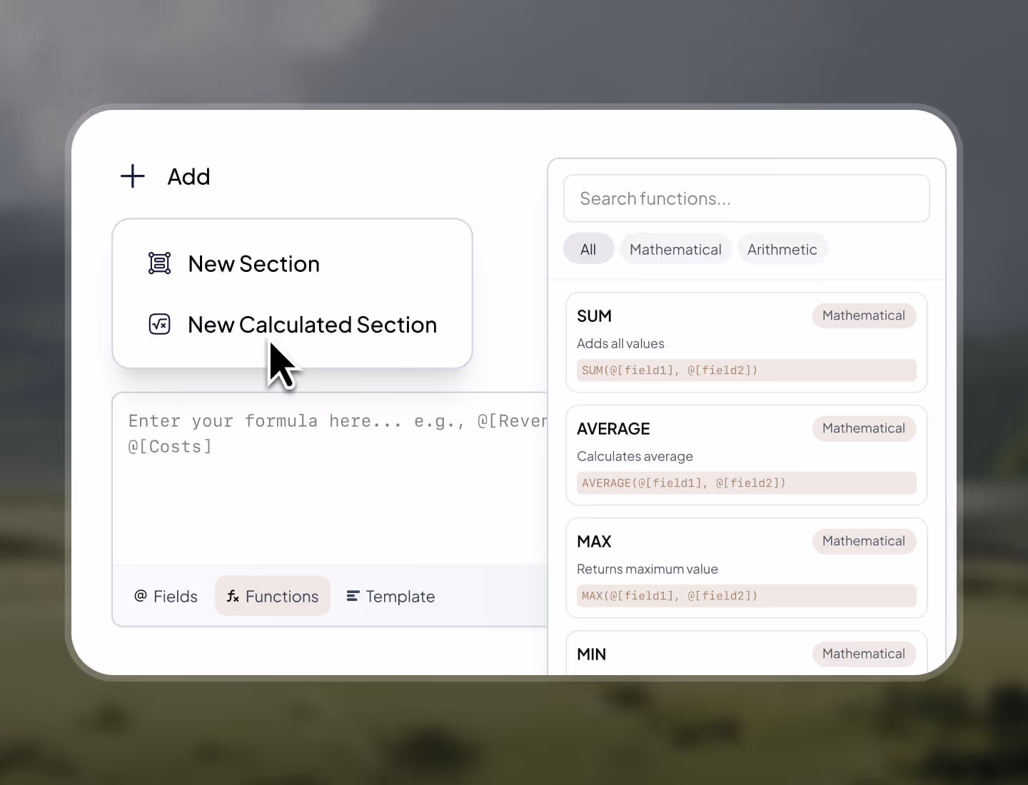 User interface showing options to add a new section or new calculated section with a cursor hovering over new calculated section, alongside a search and list of mathematical functions like SUM, AVERAGE, MAX, and MIN.