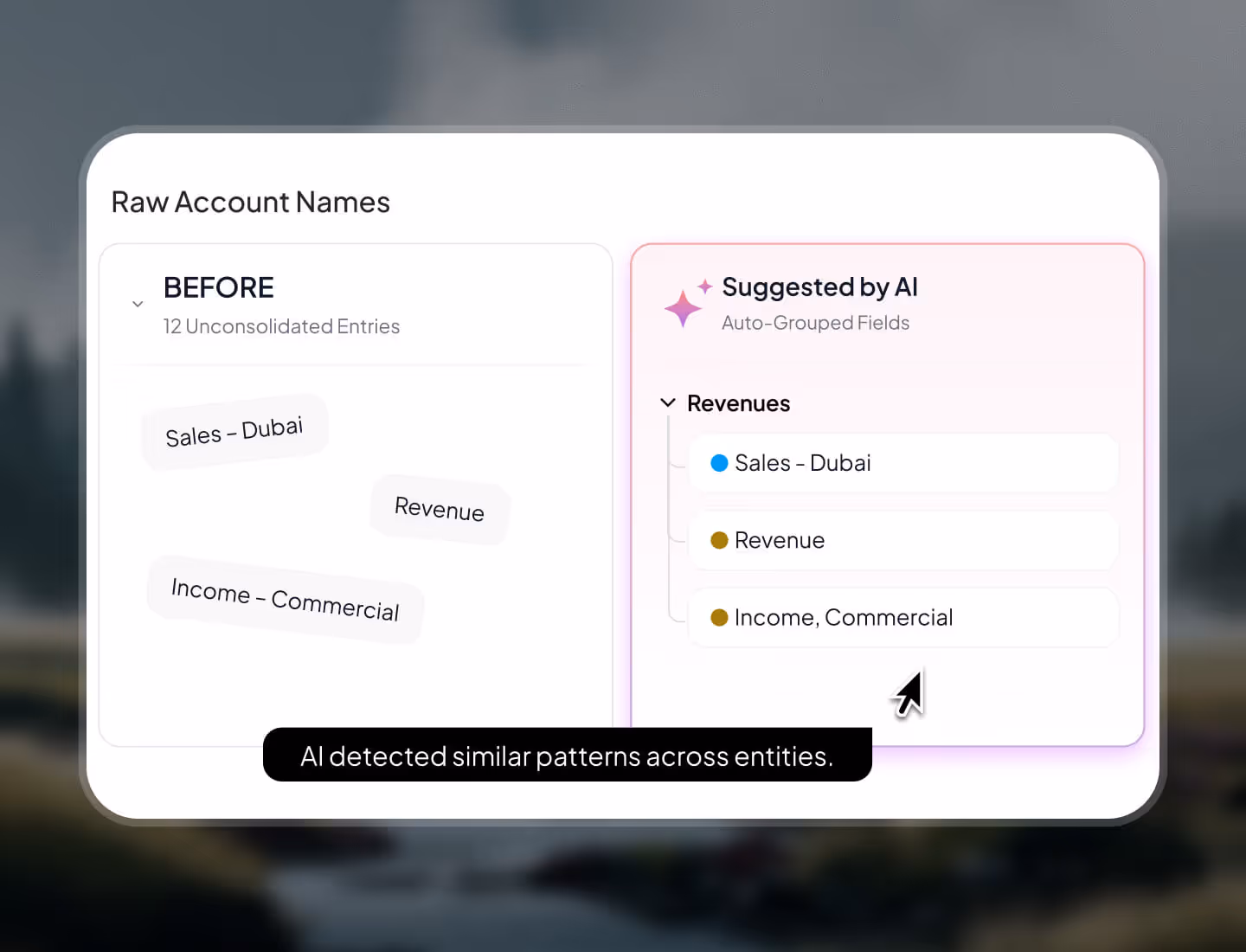 Screen showing AI grouping raw account names like Sales - Dubai, Revenue, and Income - Commercial into unified Revenues categories.
