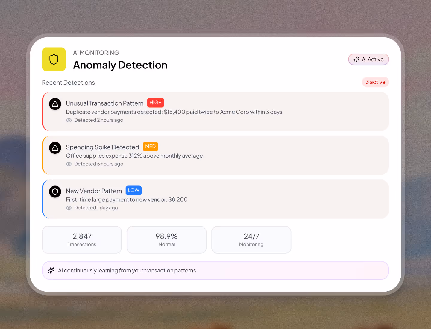 AI Monitoring dashboard for Anomaly Detection showing three recent detections: high severity unusual transaction pattern with duplicate $15,400 payments; medium severity spending spike with office supplies expense 312% above average; low severity new vendor pattern with $8,200 payment. Also displays 2,847 transactions, 98.9% normal, and 24/7 monitoring status.