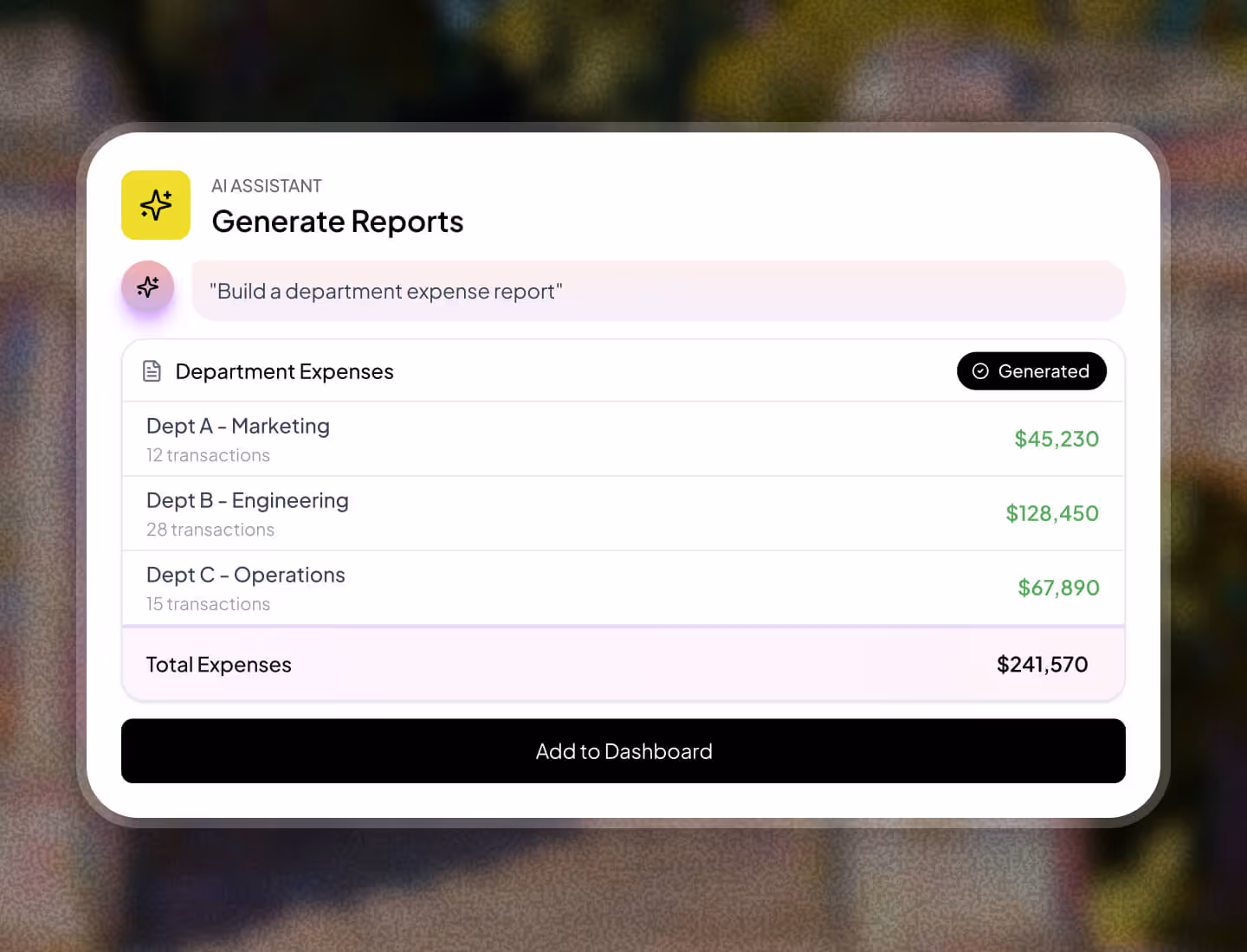 AI assistant interface showing generated department expenses report with costs for Marketing, Engineering, and Operations, totaling $241,570.