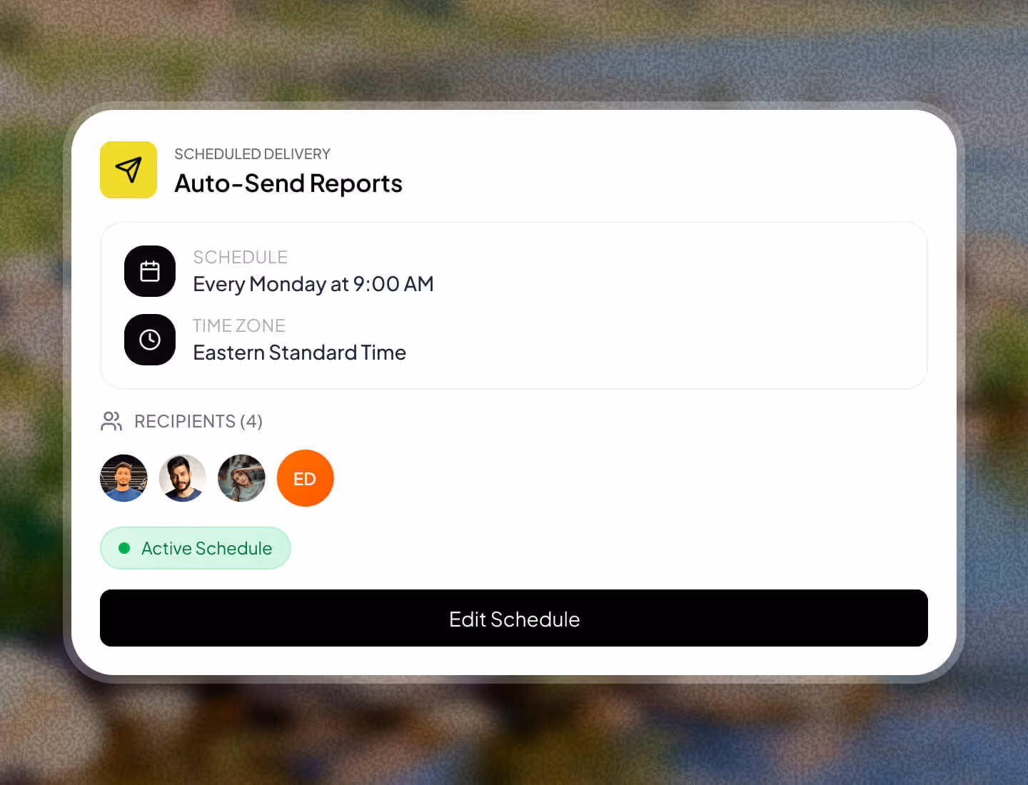 Auto-Send Reports scheduled to deliver every Monday at 9:00 AM Eastern Standard Time to four recipients with an active schedule status and an Edit Schedule button.