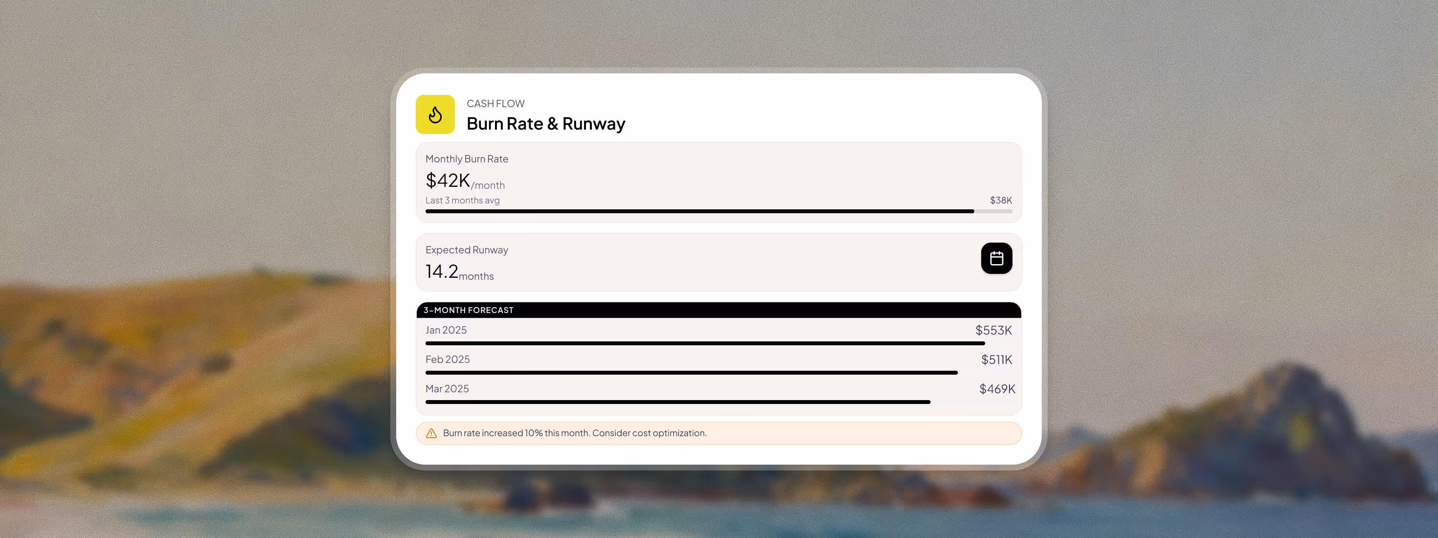 Dashboard displaying monthly burn rate $42K, expected runway 14.2 months, and a 3-month forecast with financial figures for Jan, Feb, and Mar 2025.