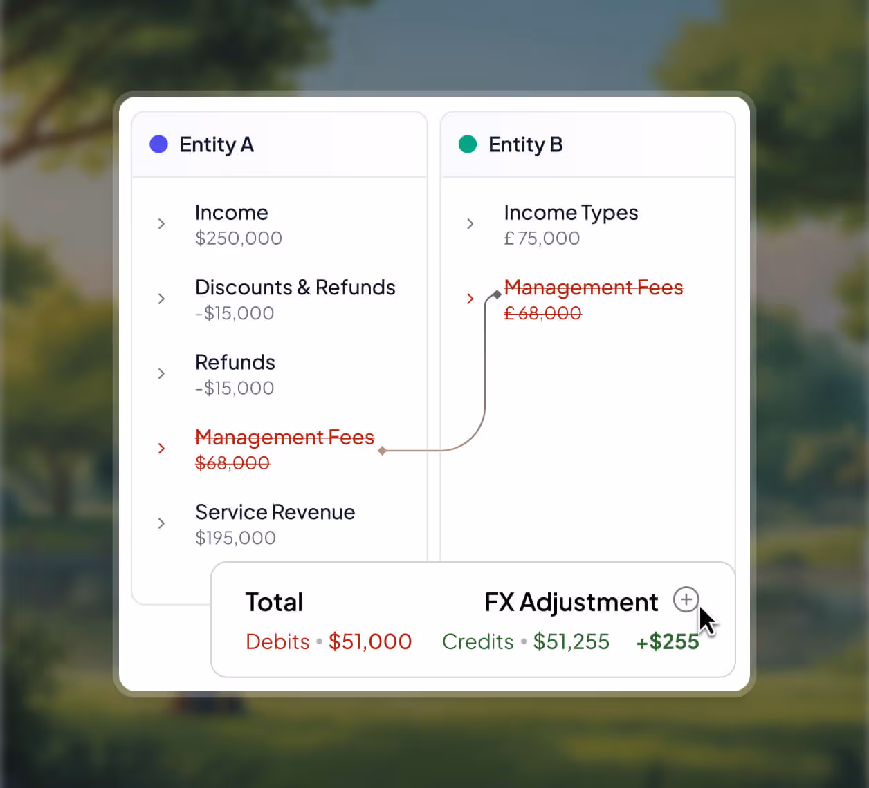 Financial summary comparing Entity A and Entity B with income, refunds, management fees crossed out, service revenue, and FX adjustment showing total debits $51,000, credits $51,255, and net +$255.