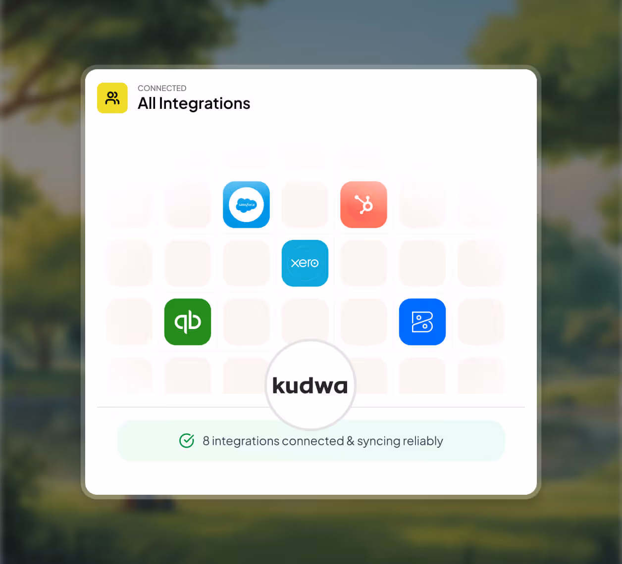 Dashboard showing eight connected integrations with logos of Salesforce, HubSpot, Xero, QuickBooks, and Brex around the Kudwa logo.