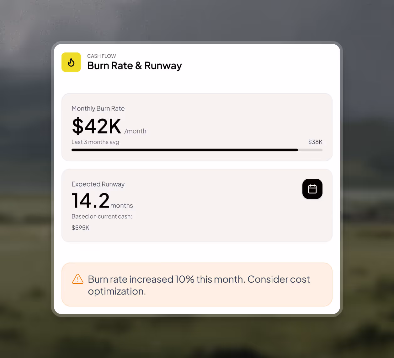 Dashboard displaying cash flow metrics with a monthly burn rate of $42K, expected runway of 14.2 months, and a warning about a 10% increase in burn rate this month.