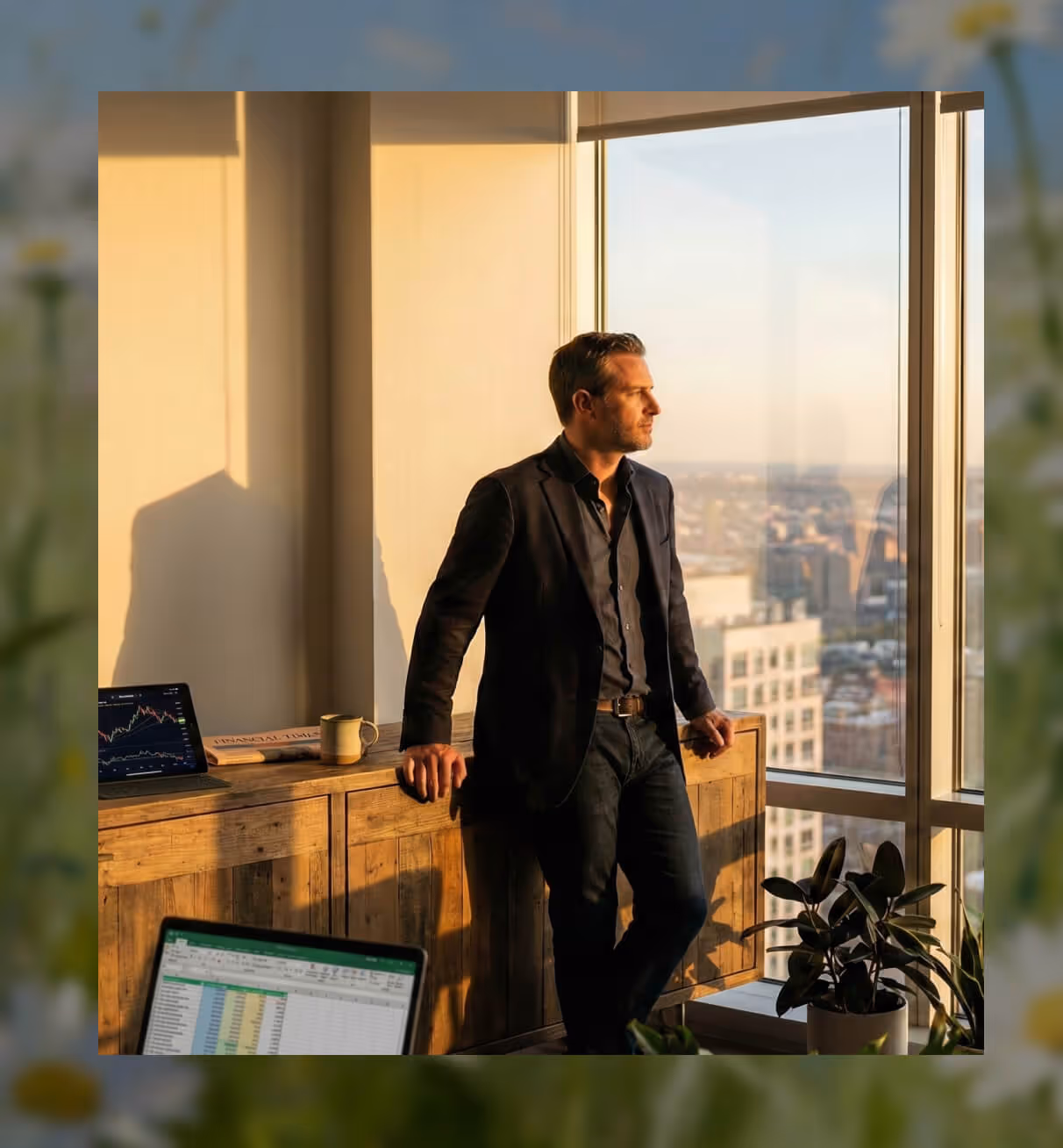 Man in dark blazer and jeans looking out of a large office window at a cityscape during sunset.