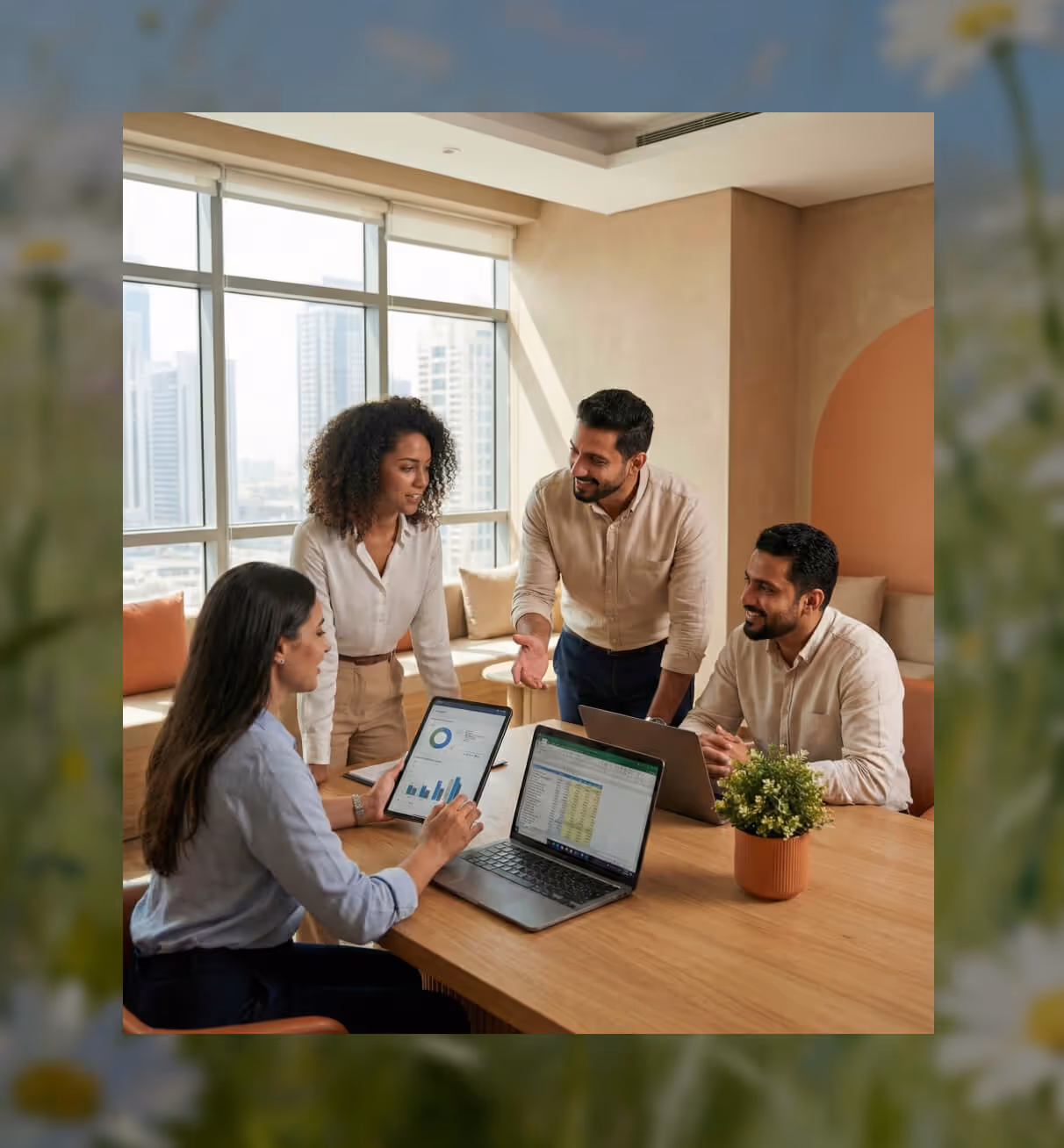 Four diverse colleagues collaborating in a modern office with laptops and a tablet displaying charts and data.