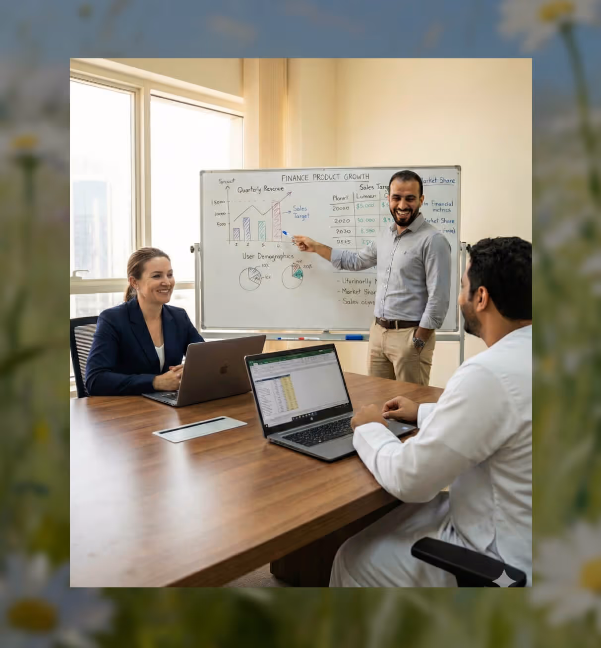 Three colleagues in a meeting room with laptops, one standing and pointing to a whiteboard displaying finance product growth charts and data.