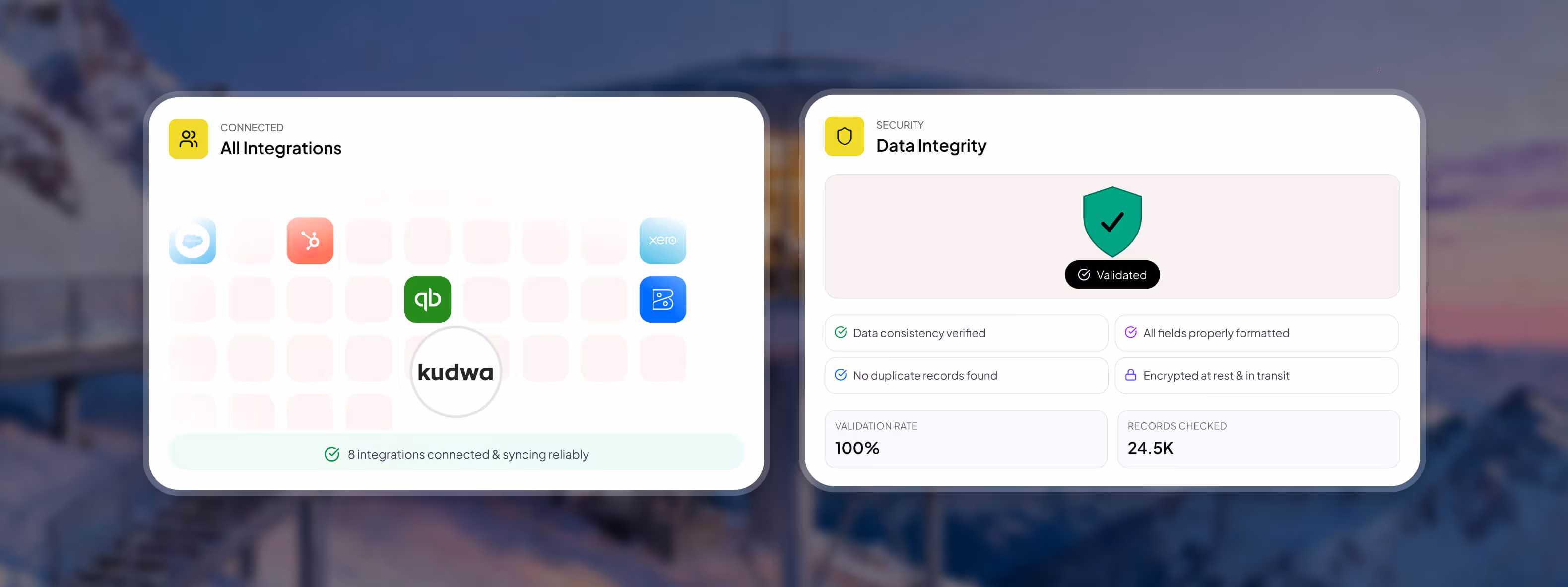 Dashboard showing all integrations with eight platforms connected and a data integrity section confirming 100% validation rate and 24.5K records checked.