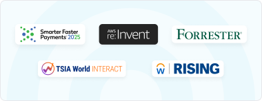 Logos of Smarter Faster Payments 2025, AWS re:Invent, Forrester, TSIA World INTERACT, and W RISING on a light background.